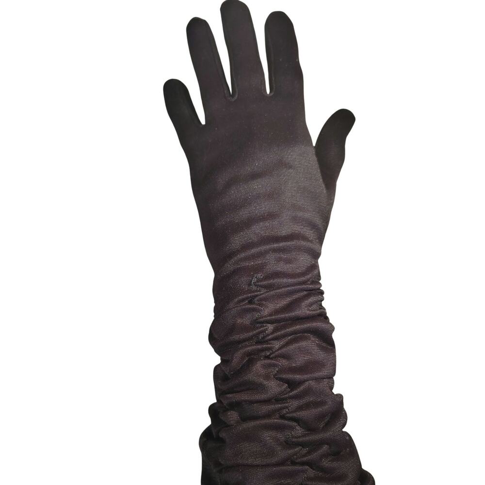 50s Brown Ruched Mid-Length Bracelet-Length Evening Gloves Stretch Nylon Size S